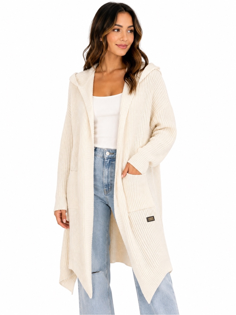 Iiananii Ivory Hooded Longline Open Front Cardigan Sweater Size L